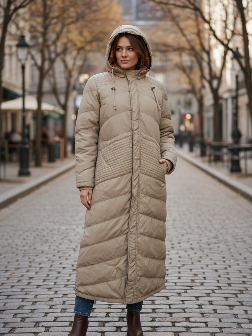 Rare Oakley Long Puffer Coat Beige Maxi Hooded Jacket Y2K Women's - Down Feather